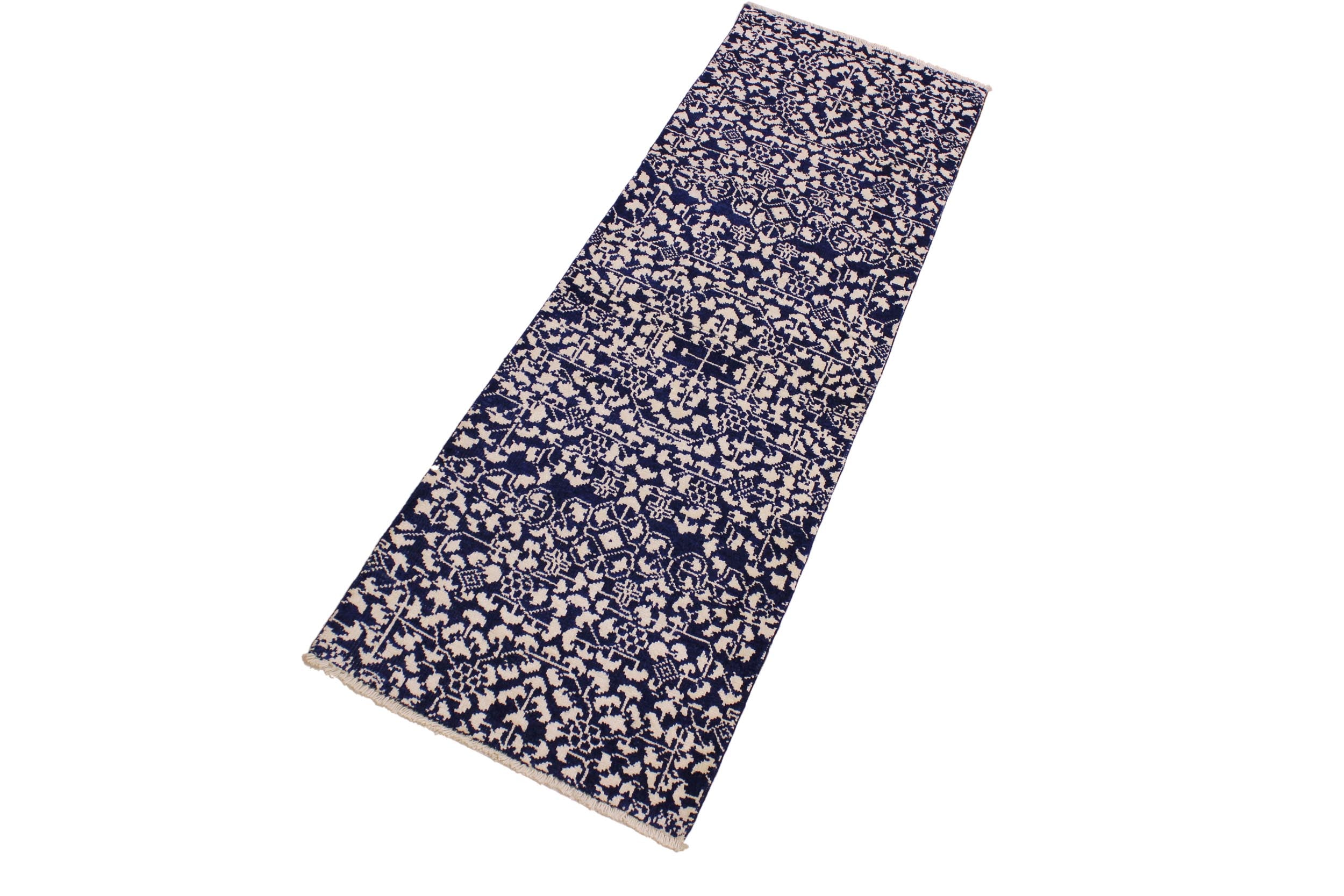 handmade Modern Kafkaz Blue Ivory Hand Knotted RUNNER WOOL&SILK area rug 2' x 8'
