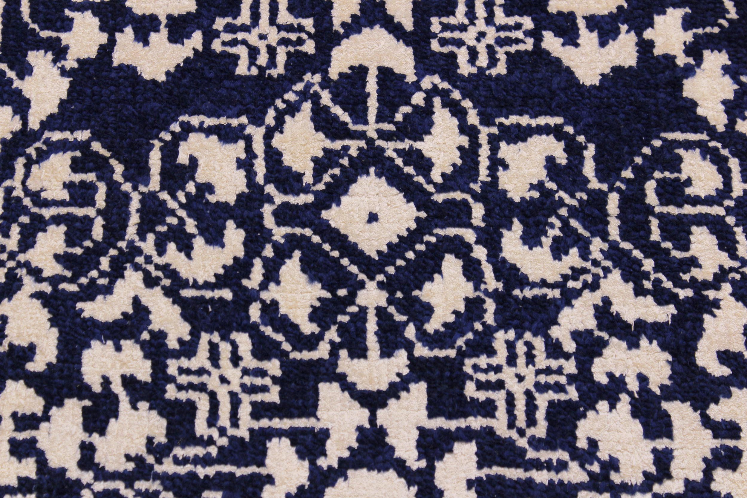 handmade Modern Kafkaz Blue Ivory Hand Knotted RUNNER WOOL&SILK area rug 2' x 8'
