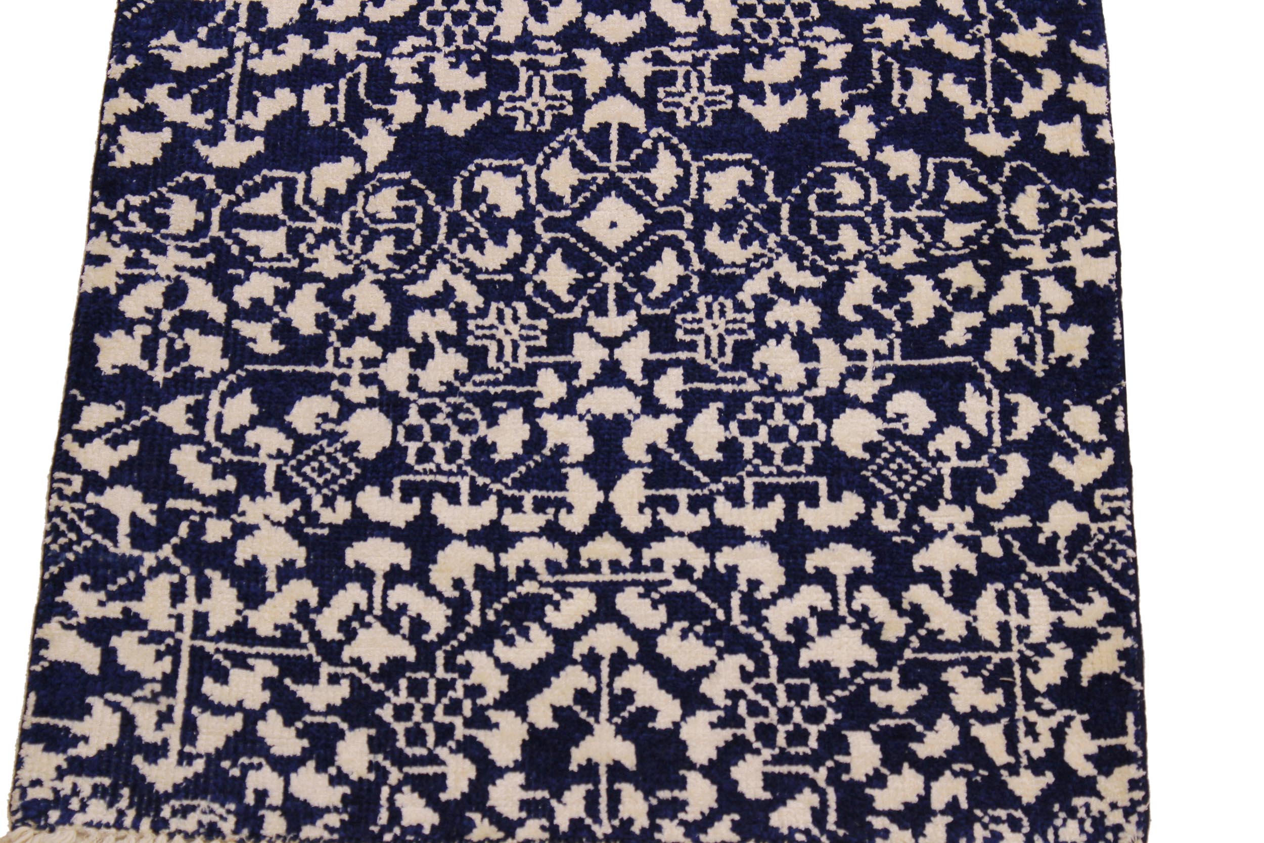 handmade Modern Kafkaz Blue Ivory Hand Knotted RUNNER WOOL&SILK area rug 2' x 8'
