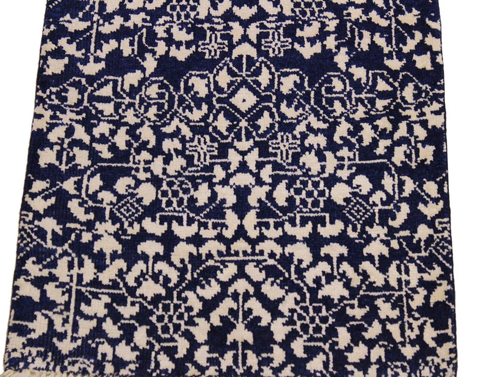 handmade Modern Kafkaz Blue Ivory Hand Knotted RUNNER WOOL&SILK area rug 2x8 
