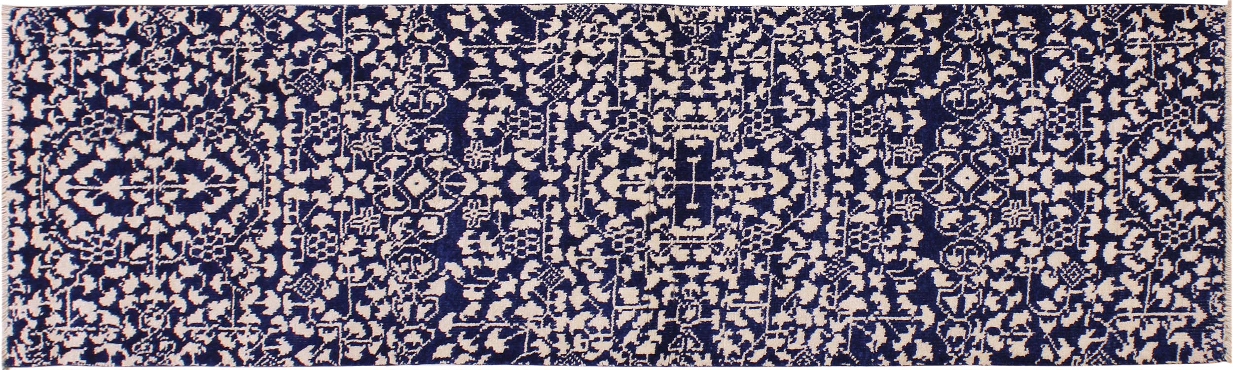 handmade Modern Kafkaz Blue Ivory Hand Knotted RUNNER WOOL&SILK area rug 2' x 8'
