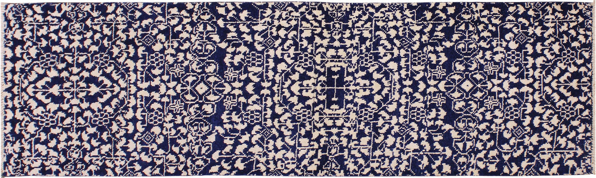 handmade Modern Kafkaz Blue Ivory Hand Knotted RUNNER WOOL&SILK area rug 2' x 8'
