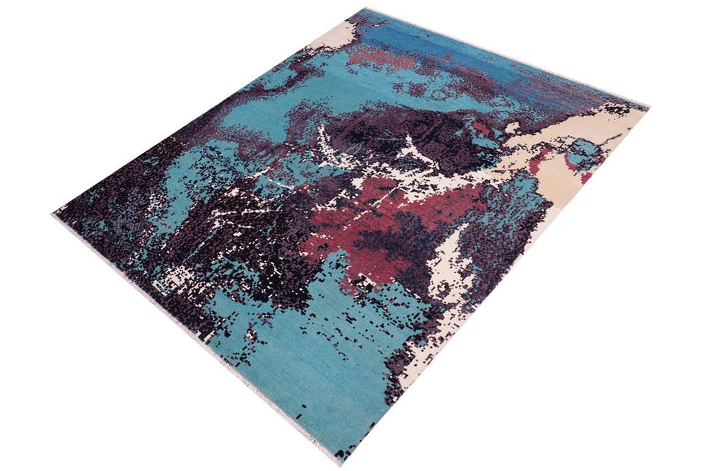 handmade Modern Abstract Lt. Blue Ivory Hand Knotted RECTANGLE WOOL&SILK area rug 8X10