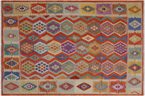 handmade Geometric Kilim Rust Beige Hand-Woven RECTANGLE 100% WOOL area rug 8 x 10