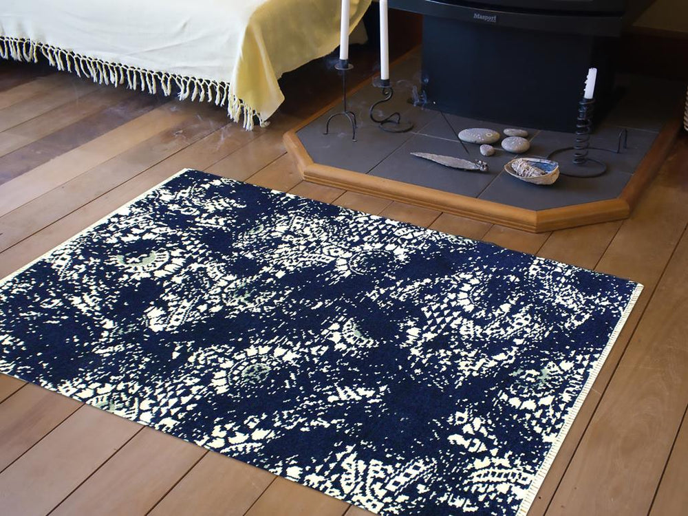 handmade Modern Abstract Blue Ivory Hand Knotted RECTANGLE WOOL&SILK area rug 4X6