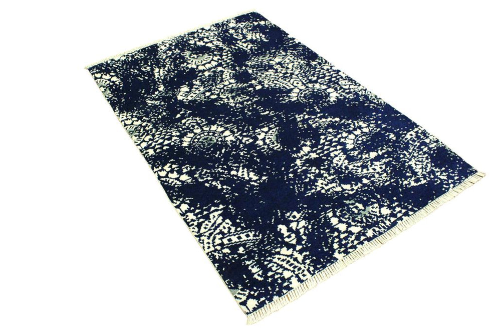 handmade Modern Abstract Blue Ivory Hand Knotted RECTANGLE WOOL&SILK area rug 4X6