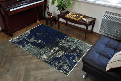 handmade Modern Abstract Blue Ivory Hand Knotted RECTANGLE WOOL&SILK area rug 4' x 6'