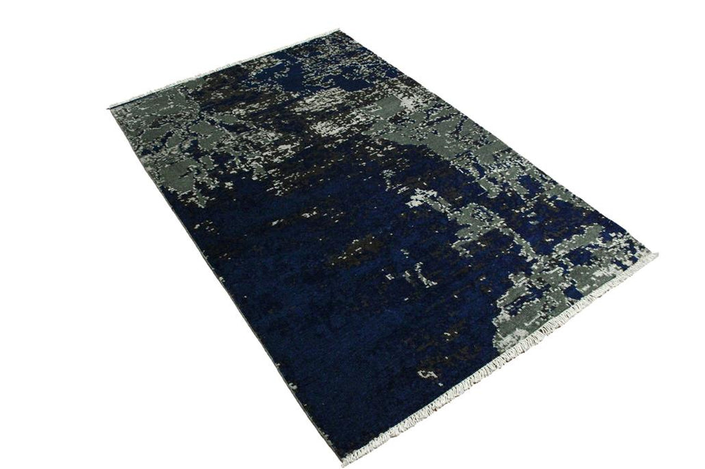 handmade Modern Abstract Blue Ivory Hand Knotted RECTANGLE WOOL&SILK area rug 4X6