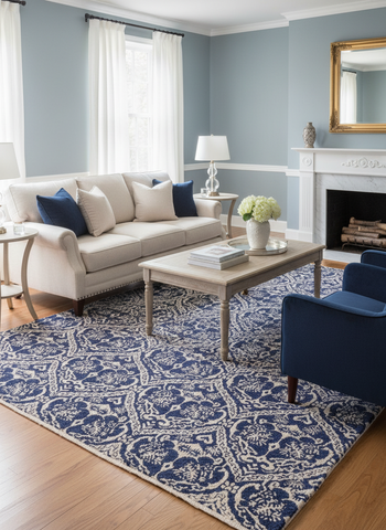 Modern Nabila Blue/Ivory Wool&Silk Rug - 5'10''X9'3''