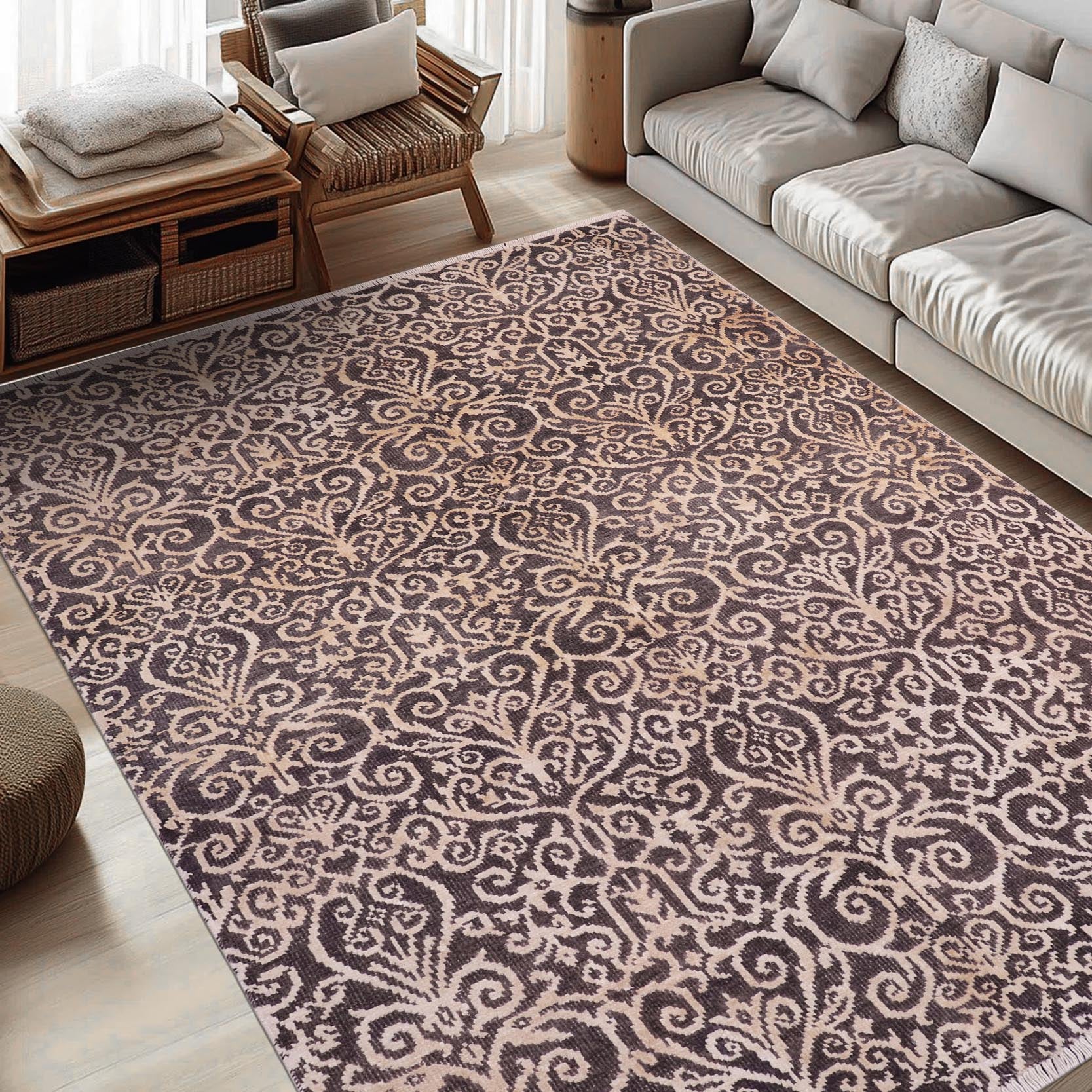 handmade Transitional Cryena Charcoal Brown Hand Knotted RECTANGLE WOOL&SILK area rug 5' x 7'