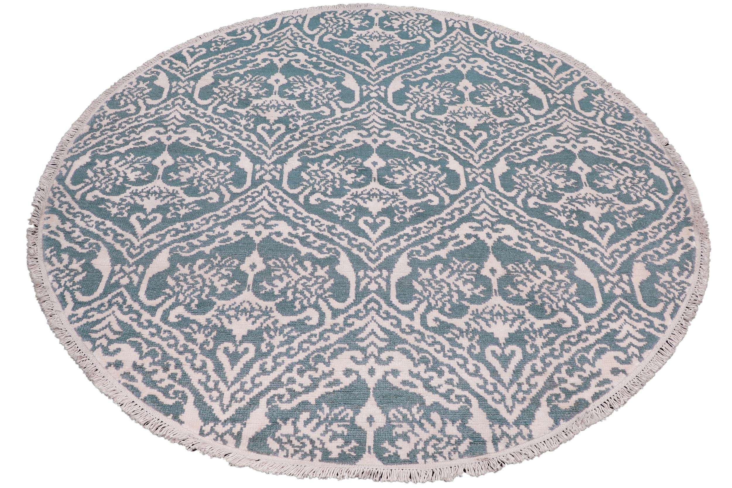 handmade Modern Round Kafkaz Green Ivory Hand Knotted ROUND WOOL&SILK area rug 6' x 6'