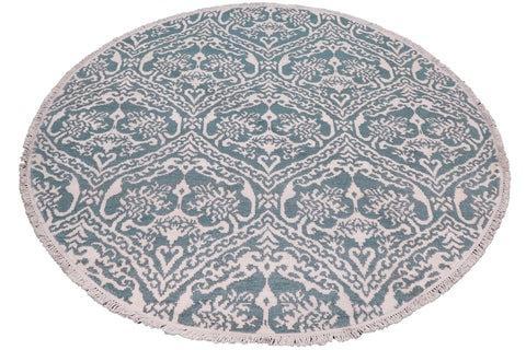handmade Modern Round Kafkaz Green Ivory Hand Knotted ROUND WOOL&SILK area rug 6' x 6'
