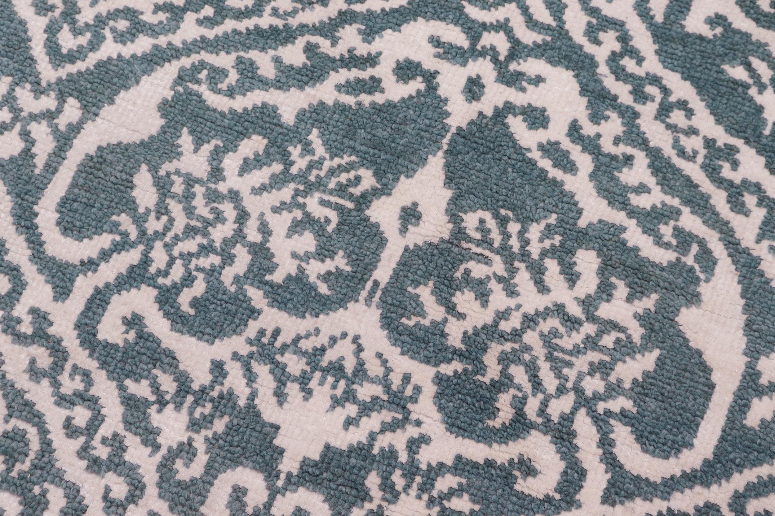 handmade Modern Round Kafkaz Green Ivory Hand Knotted ROUND WOOL&SILK area rug 6' x 6'