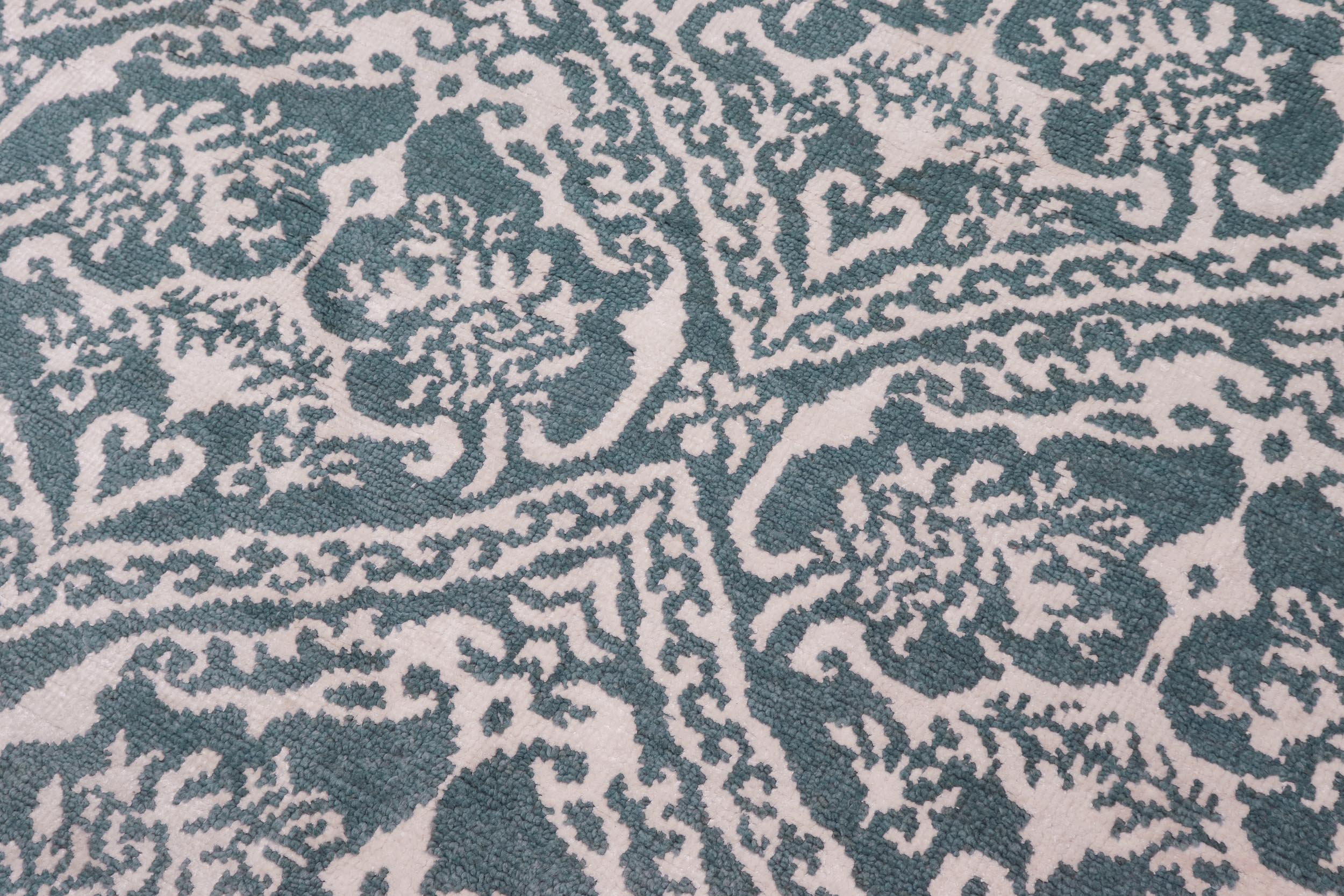 handmade Modern Round Kafkaz Green Ivory Hand Knotted ROUND WOOL&SILK area rug 6' x 6'