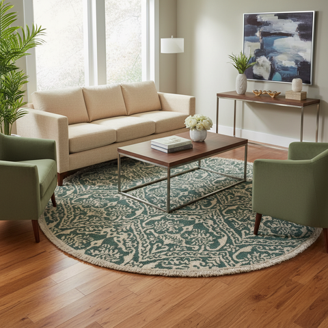 Modern Abstract Ileana Green/Ivory Wool & Silk Round -6'1X6'1