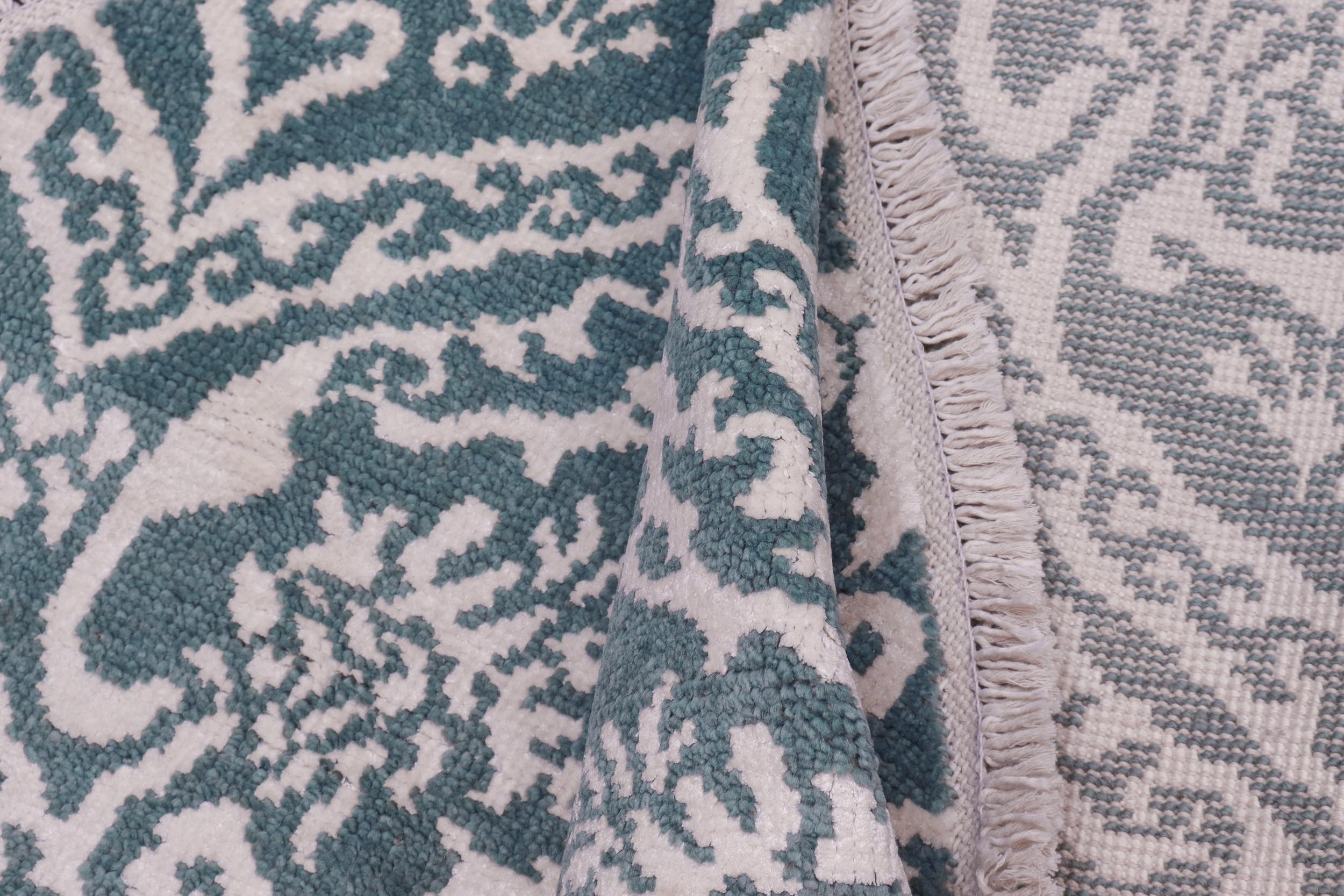 handmade Modern Round Kafkaz Green Ivory Hand Knotted ROUND WOOL&SILK area rug 6' x 6'