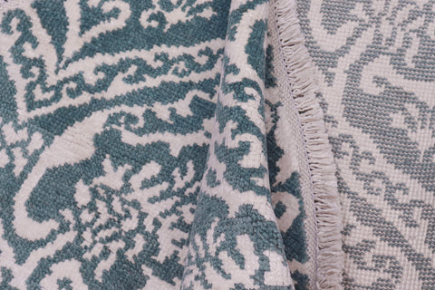 handmade Modern Round Kafkaz Green Ivory Hand Knotted ROUND WOOL&SILK area rug 6' x 6'