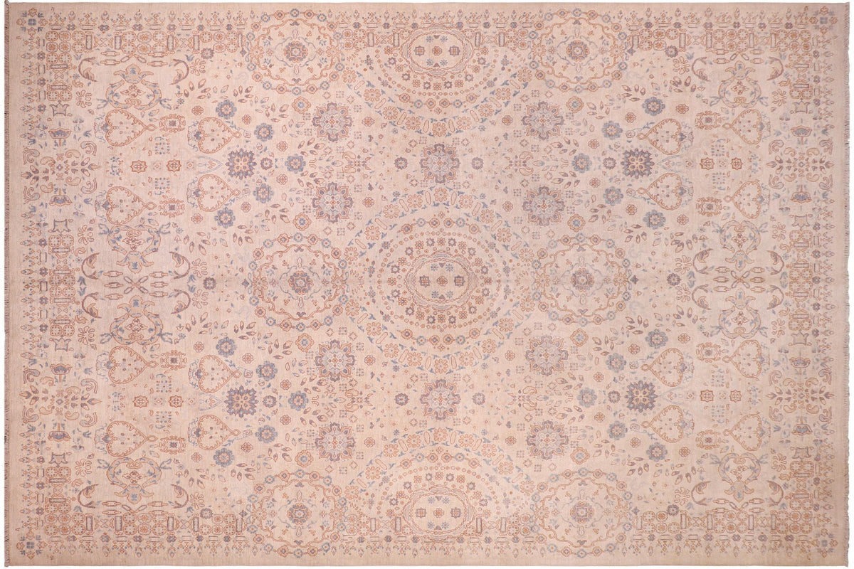 handmade Modern Kafkaz Ivory Pink Hand Knotted RECTANGLE 100% WOOL area rug 9' x 12'