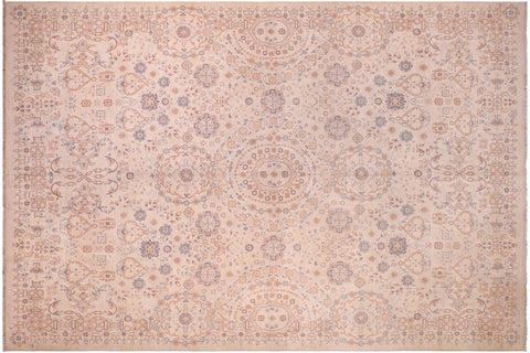 handmade Modern Kafkaz Ivory Pink Hand Knotted RECTANGLE 100% WOOL area rug 9' x 12'