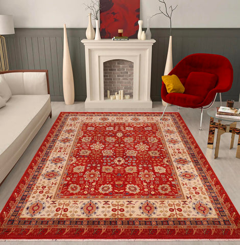 handmade Traditional Design Red Ivory Hand Knotted RECTANGLE 100% WOOL area rug 8x10