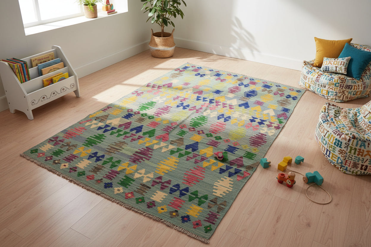 handmade Modern Kilim Gray Blue Hand-Woven RECTANGLE 100% WOOL area rug 5x7