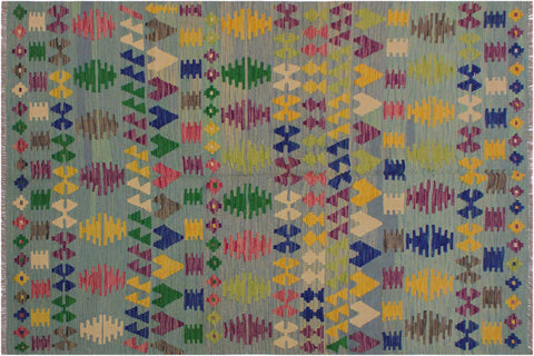 handmade Modern Kilim Gray Blue Hand-Woven RECTANGLE 100% WOOL area rug 5x7