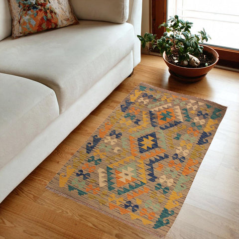handmade Geometric Kilim Gray Gold Hand-Woven RECTANGLE 100% WOOL area rug 3 x 4
