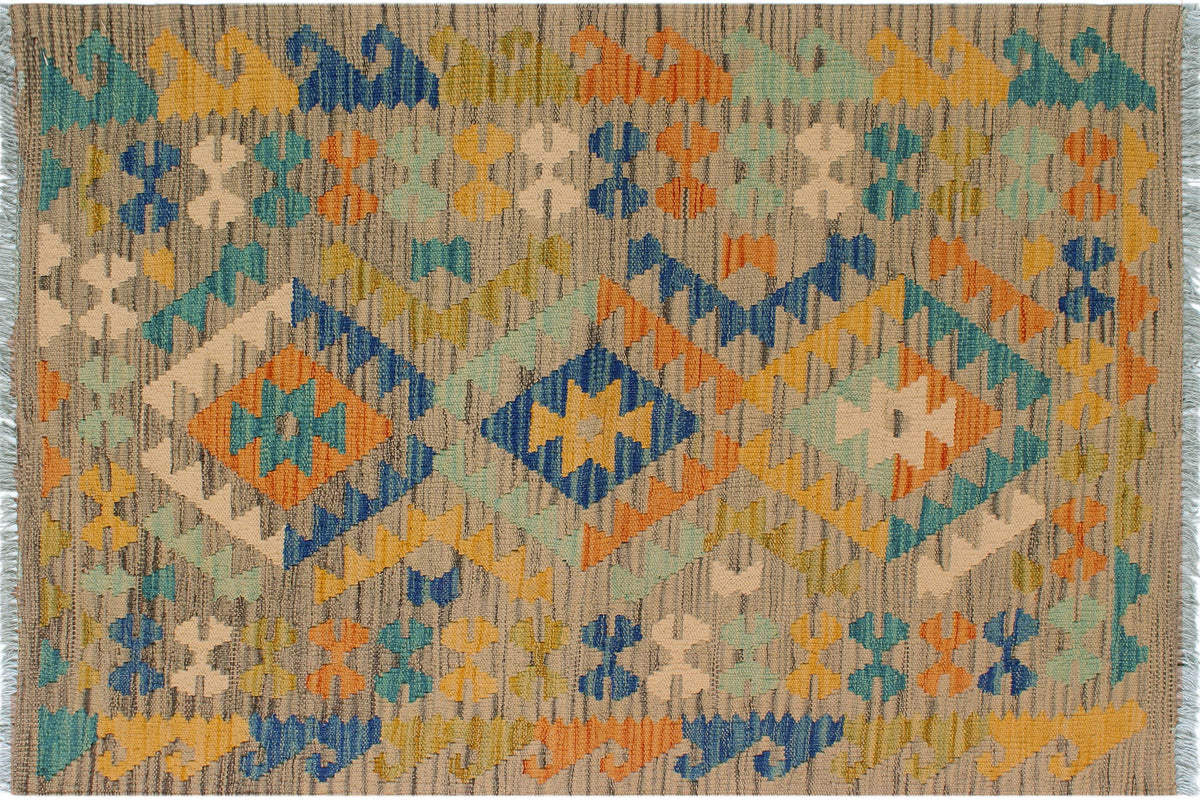 handmade Geometric Kilim Gray Gold Hand-Woven RECTANGLE 100% WOOL area rug 3 x 4