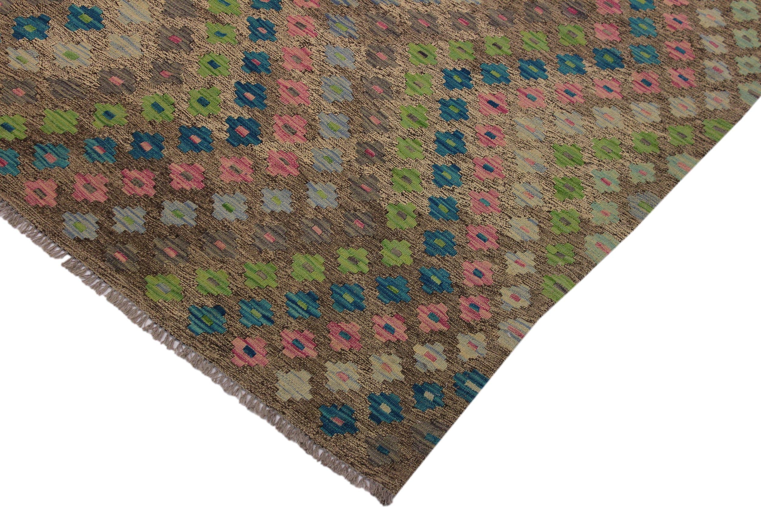 handmade Modern Kilim Gray Green Hand-Woven RECTANGLE 100% WOOL area rug 6x8