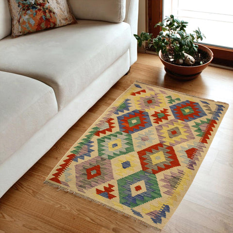 handmade Geometric Kilim Beige Blue Hand-Woven RECTANGLE 100% WOOL area rug 3 x 4