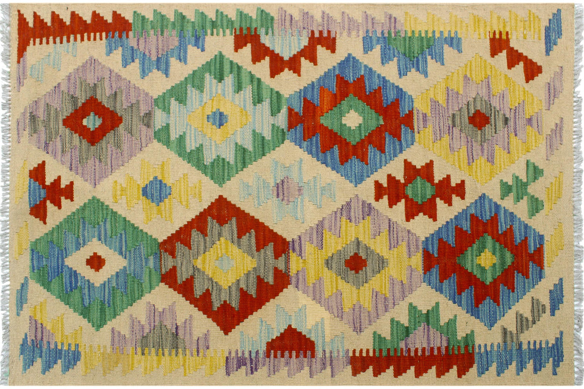 handmade Geometric Kilim Beige Blue Hand-Woven RECTANGLE 100% WOOL area rug 3 x 4