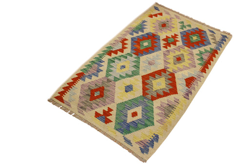 handmade Geometric Kilim Beige Blue Hand-Woven RECTANGLE 100% WOOL area rug 3 x 4