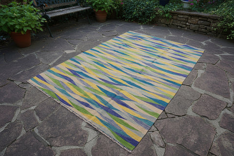 handmade Modern Kilim Blue Gray Hand-Woven RECTANGLE 100% WOOL area rug 7x10