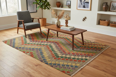 handmade Modern Kilim Brown Green Hand-Woven RECTANGLE 100% WOOL area rug 5x7