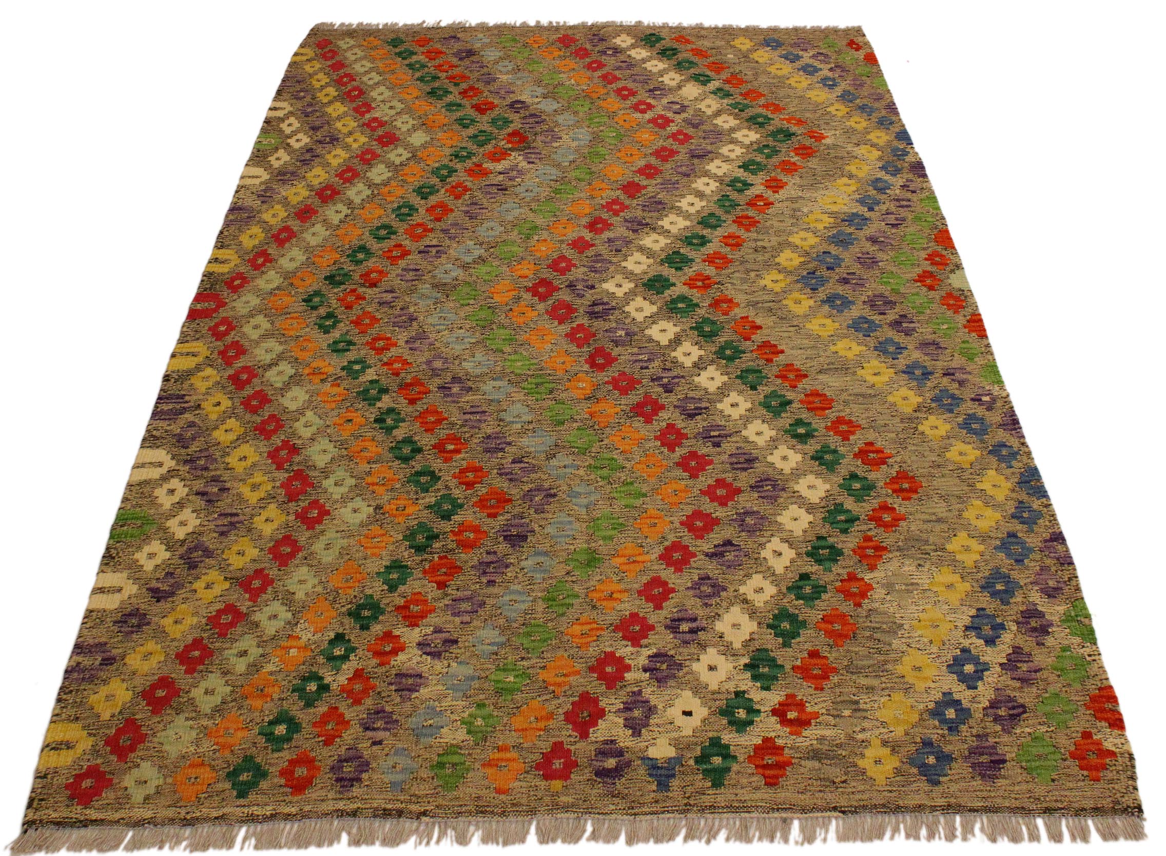 handmade Modern Kilim Brown Green Hand-Woven RECTANGLE 100% WOOL area rug 5x7