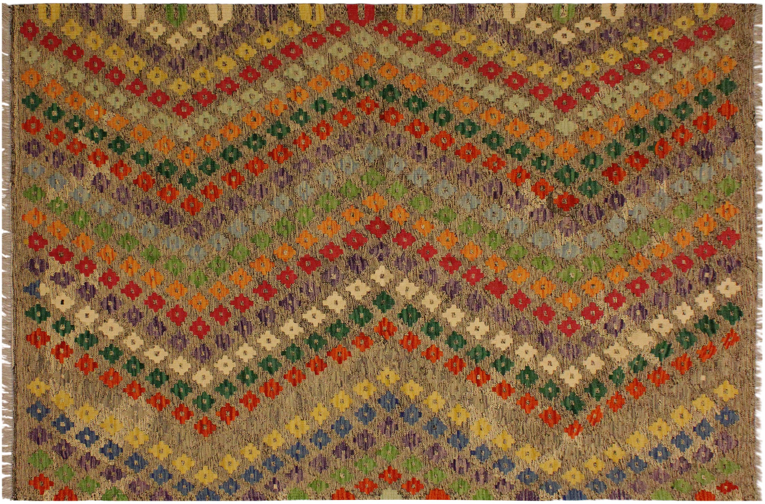 handmade Modern Kilim Brown Green Hand-Woven RECTANGLE 100% WOOL area rug 5x7