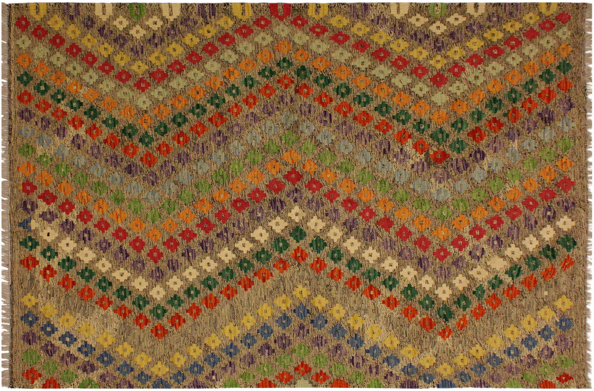 handmade Modern Kilim Brown Green Hand-Woven RECTANGLE 100% WOOL area rug 5x7