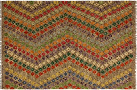 handmade Modern Kilim Brown Green Hand-Woven RECTANGLE 100% WOOL area rug 5x7