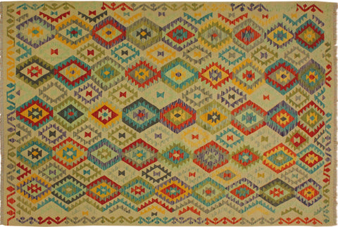 handmade Geometric Kilim Beige Red Hand-Woven RECTANGLE 100% WOOL area rug 7 x 10