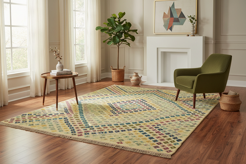 handmade Modern Kilim Beige Blue Hand-Woven RECTANGLE 100% WOOL area rug 7x10