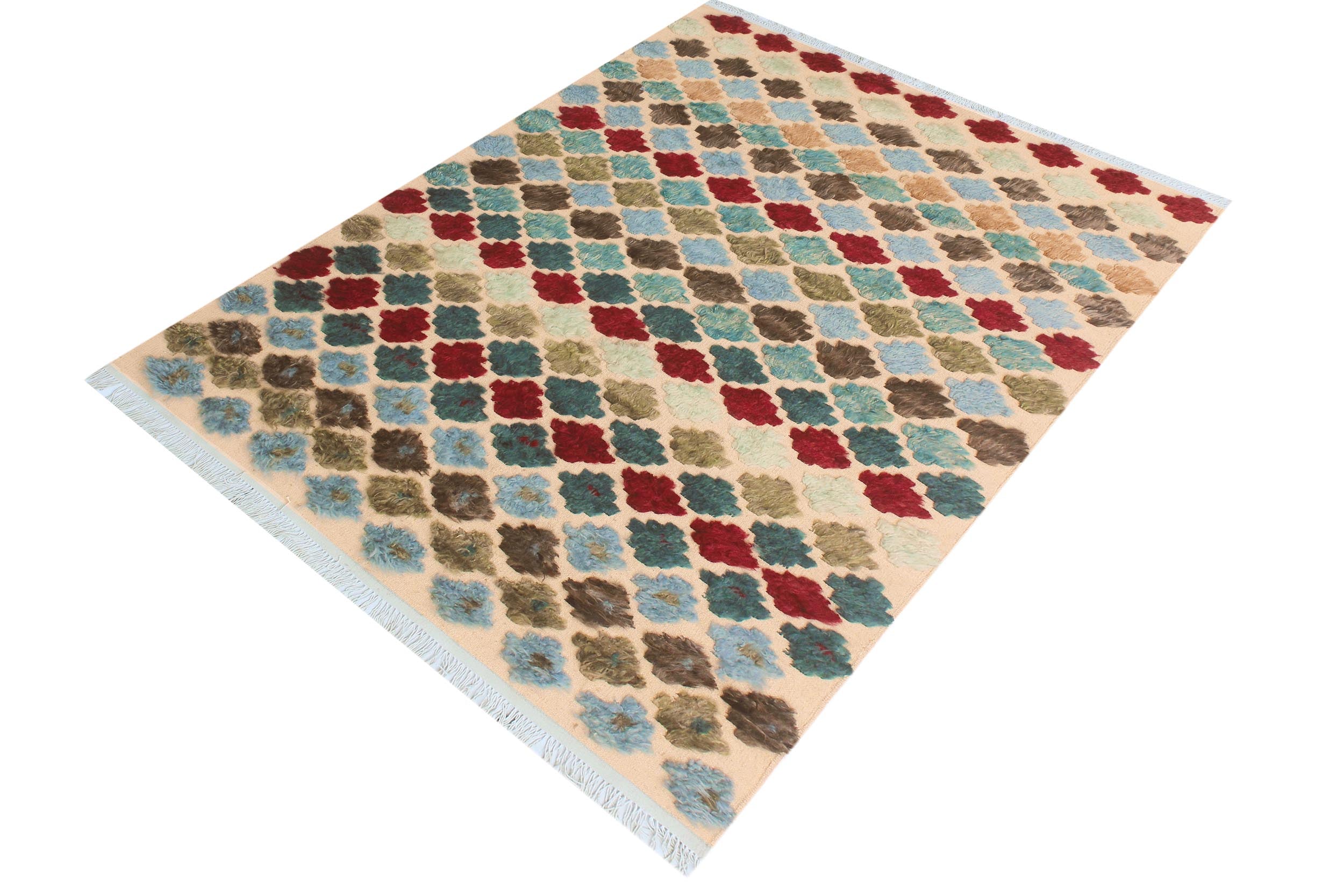 handmade Geometric Moroccan Hi Beige Blue Hand Knotted RECTANGLE 100% WOOL area rug 5' x 8'