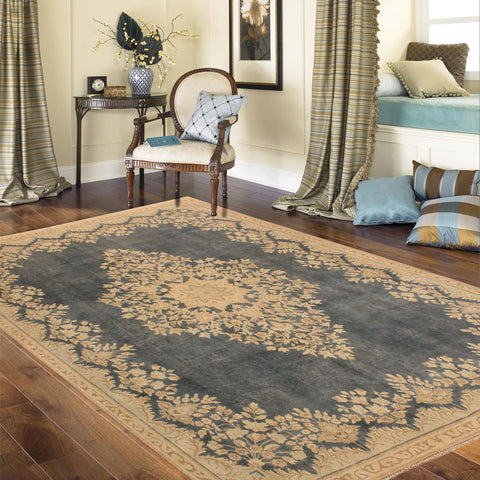 handmade Vintage Hand Painte Gray Beige Hand Knotted RECTANGLE 100% WOOL area rug 7' x 10'