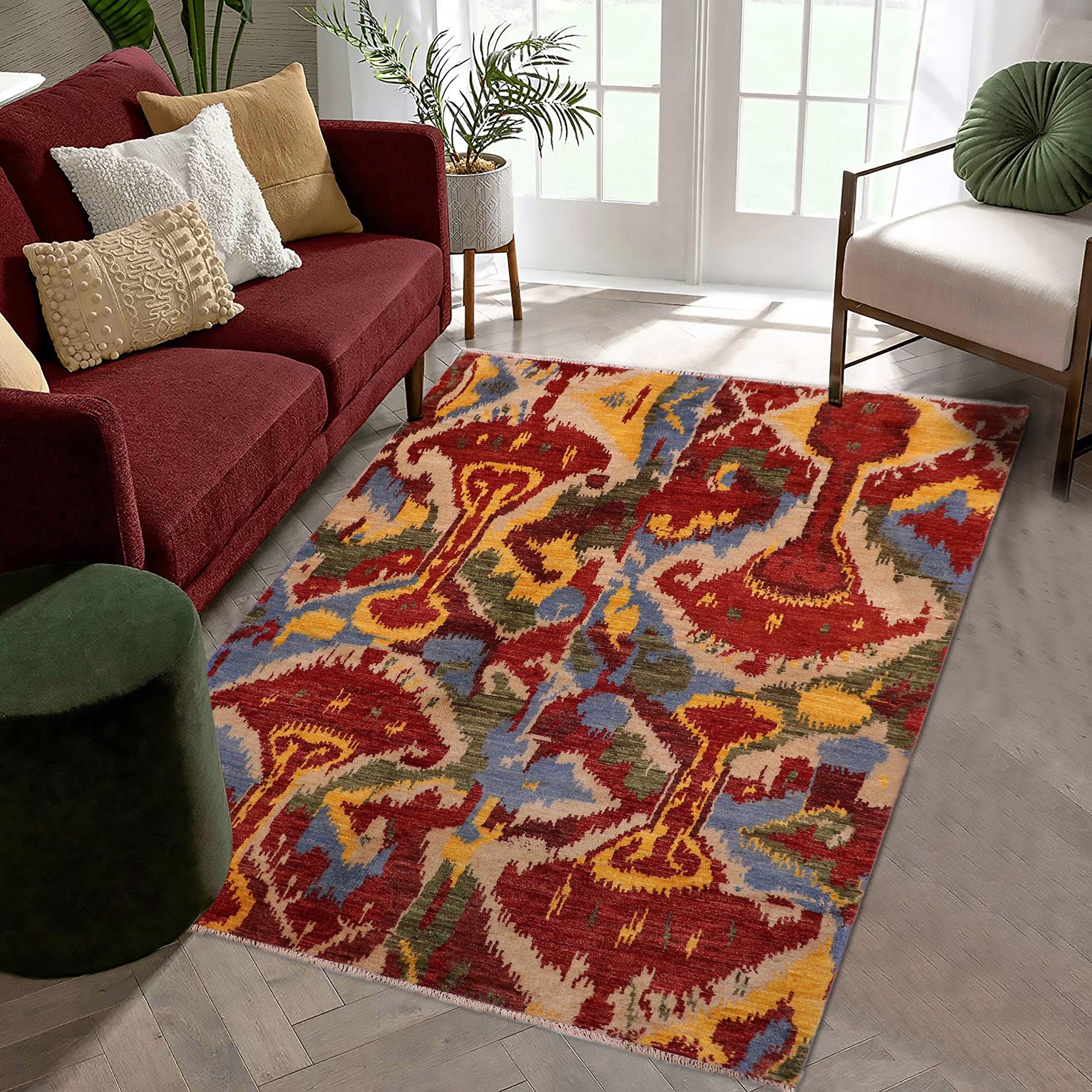 handmade Modern Ikat Red Ivory Hand Knotted RECTANGLE 100% WOOL area rug 5' x 8'