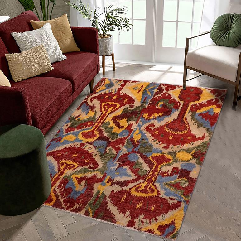 handmade Modern Ikat Red Ivory Hand Knotted RECTANGLE 100% WOOL area rug 5X8