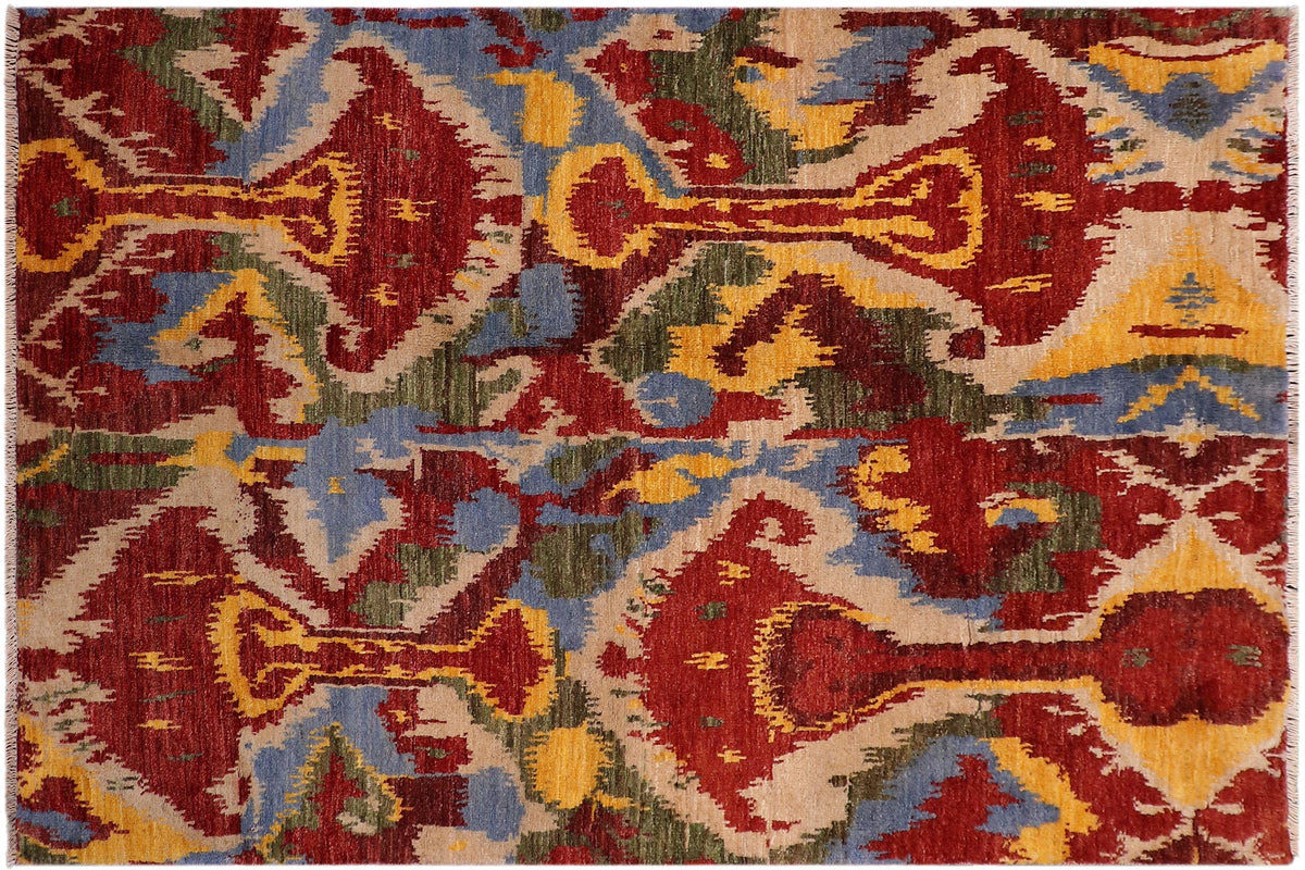 handmade Modern Ikat Red Ivory Hand Knotted RECTANGLE 100% WOOL area rug 5' x 8'