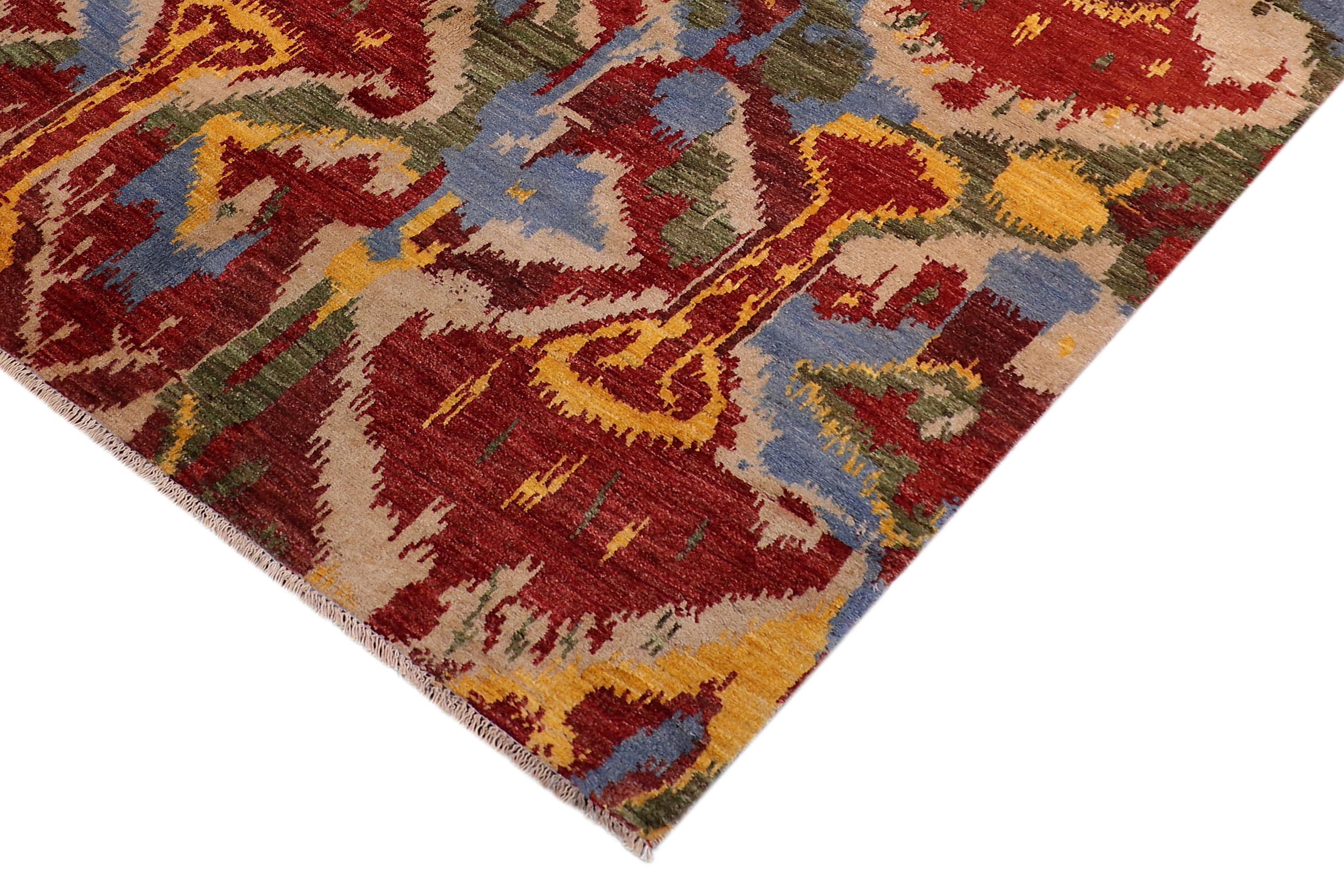 handmade Modern Ikat Red Ivory Hand Knotted RECTANGLE 100% WOOL area rug 5' x 8'
