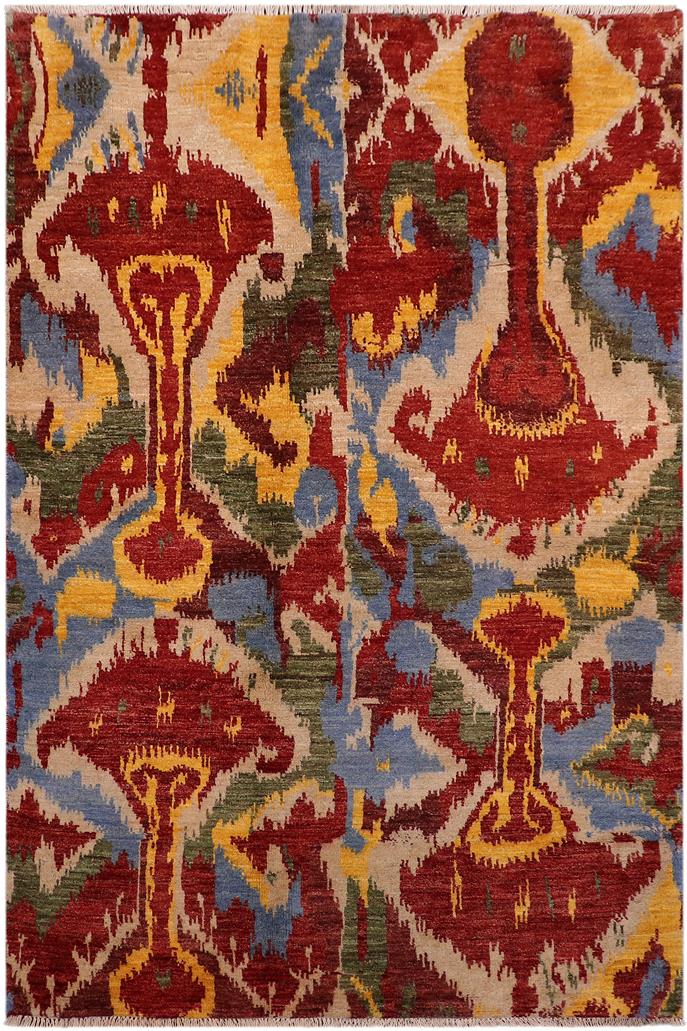 handmade Modern Ikat Red Ivory Hand Knotted RECTANGLE 100% WOOL area rug 5X8