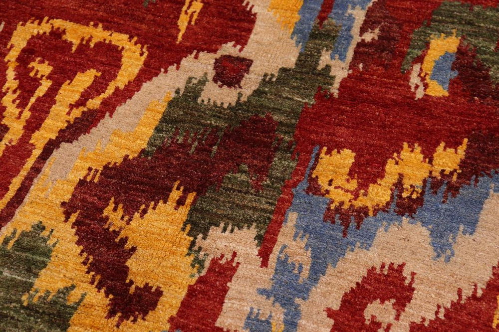 handmade Modern Ikat Red Ivory Hand Knotted RECTANGLE 100% WOOL area rug 5X8