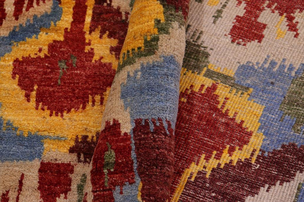 handmade Modern Ikat Red Ivory Hand Knotted RECTANGLE 100% WOOL area rug 5X8