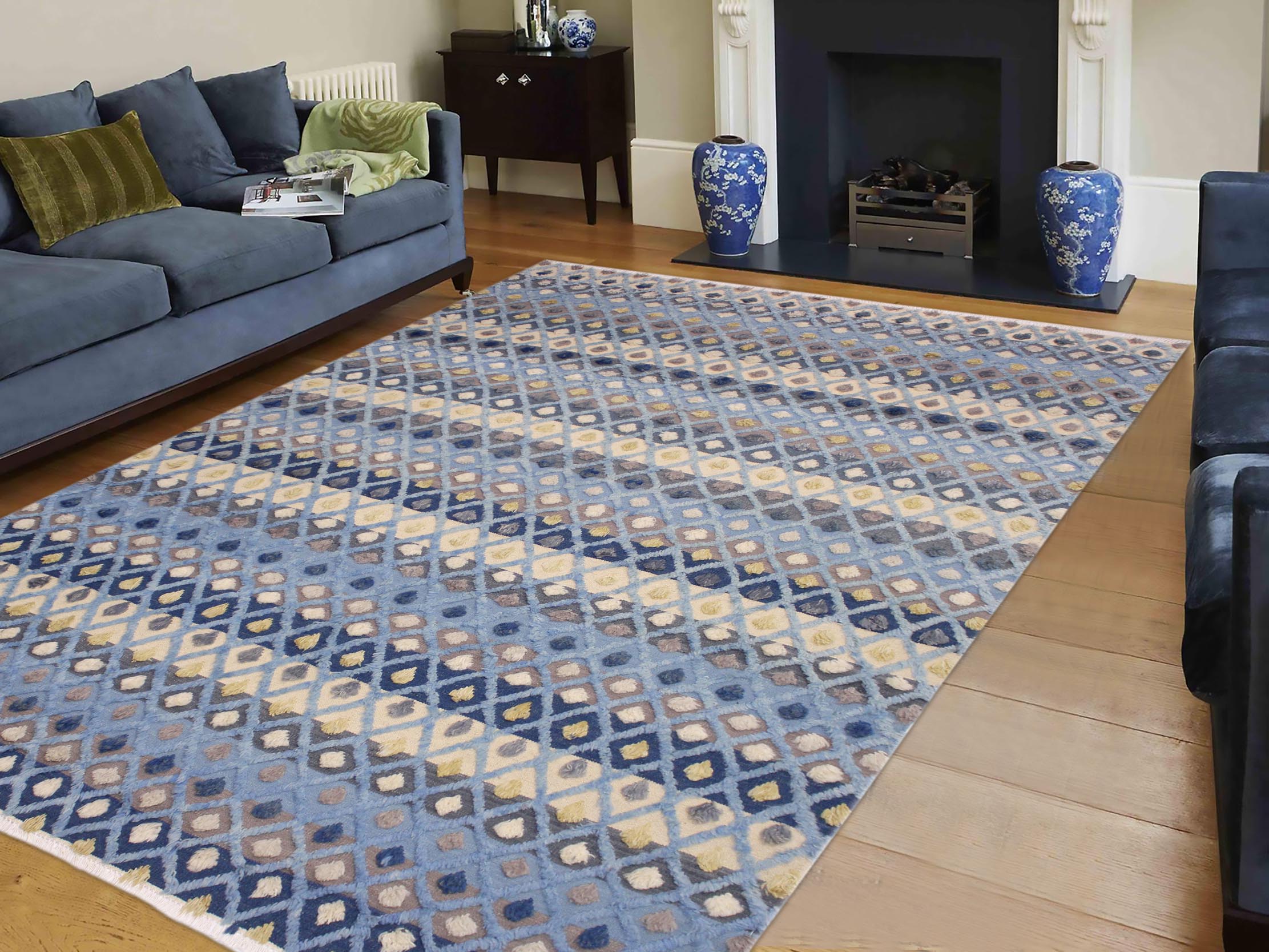 handmade Geometric Moroccan Hi Lt. Blue Ivory Hand Knotted RECTANGLE 100% WOOL area rug 9' x 12'